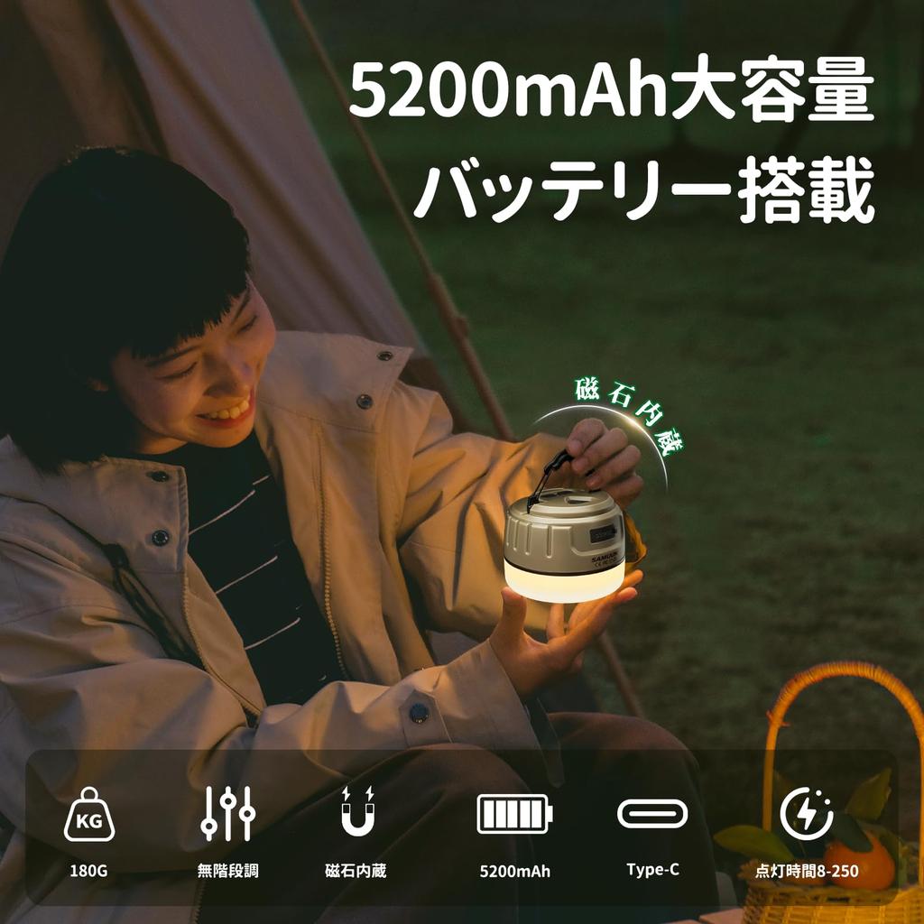 SAMUUN LED Lantern, USB-C Rechargeable, Compact Camping Lantern, IPX5 Waterproof, Color/Brightness Memory, Built-in Magnet, 5200mAh Battery, 8-250 Hou