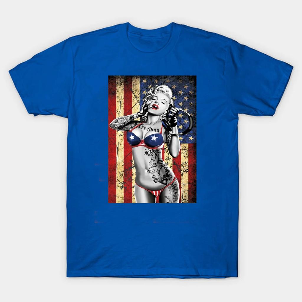 Freedom US Flag DJ Music Gangsta Sexy Tattoos Marilyn Monroe T-Shirt. Summer Cotton Short Sleeve O-Neck Mens T Shirt New S-3XL