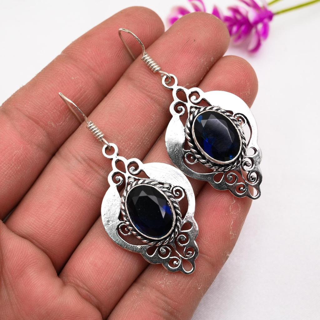 Blue Sapphire Earrings, Handmade Gemstone Earrings, 925 Solid Sterling Silver Earrings Antique Jewelry, For Engagement Gift