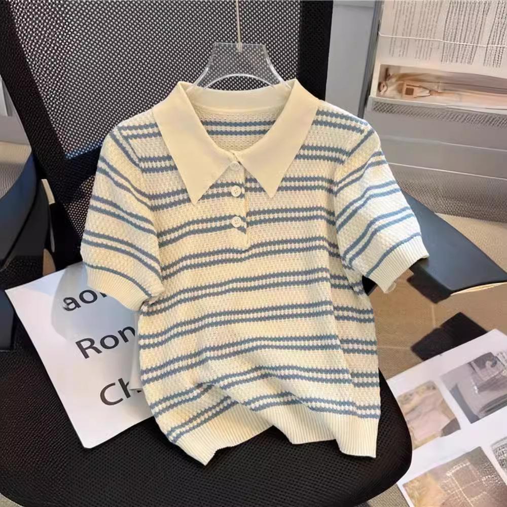 Ice silk short-sleeved t-shirt women's new summer thin design niche striped Polo neck knitted sweater top