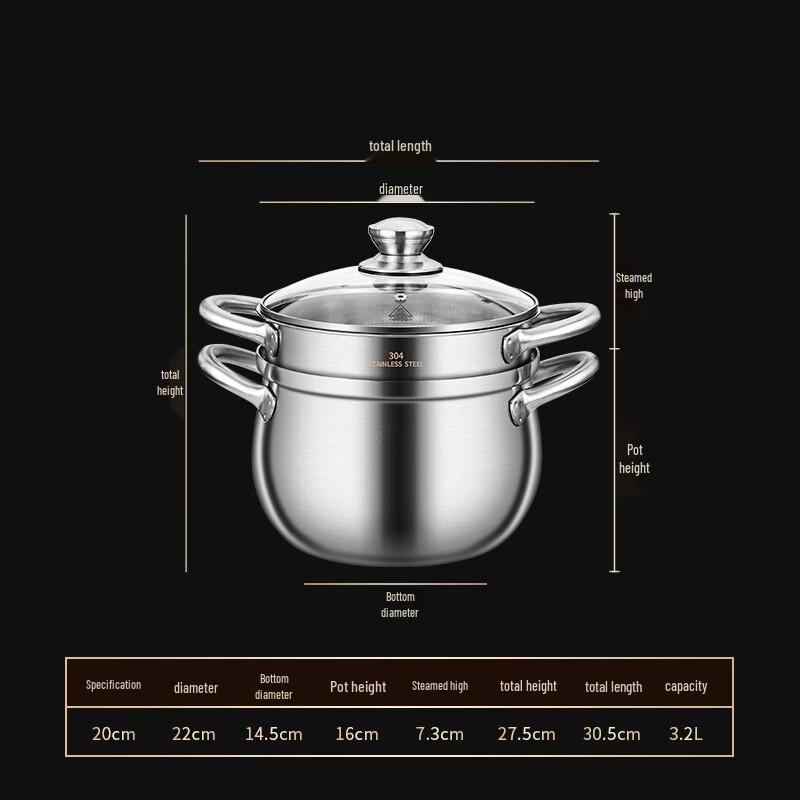 Handun 316 Stainless Steel Non-Stick Soup Pot with Steamer