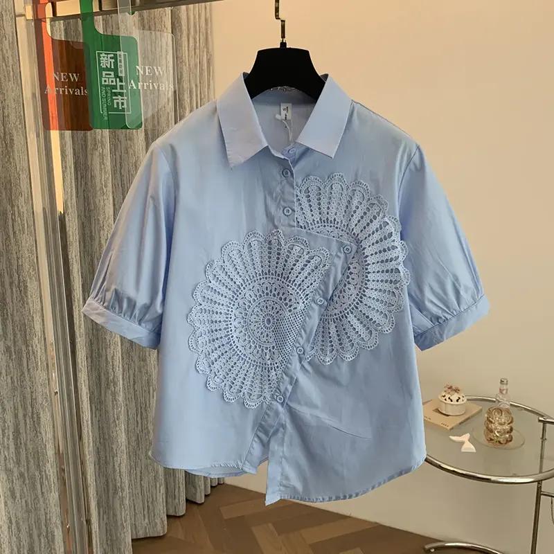 Blouses Shirt for Women Cotton Short Sleeve Casual Blouse Stylish Style Summer Coat Top S синий