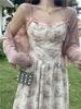 Plus Size French Retro Print Suspender Dress & Cardigan Set