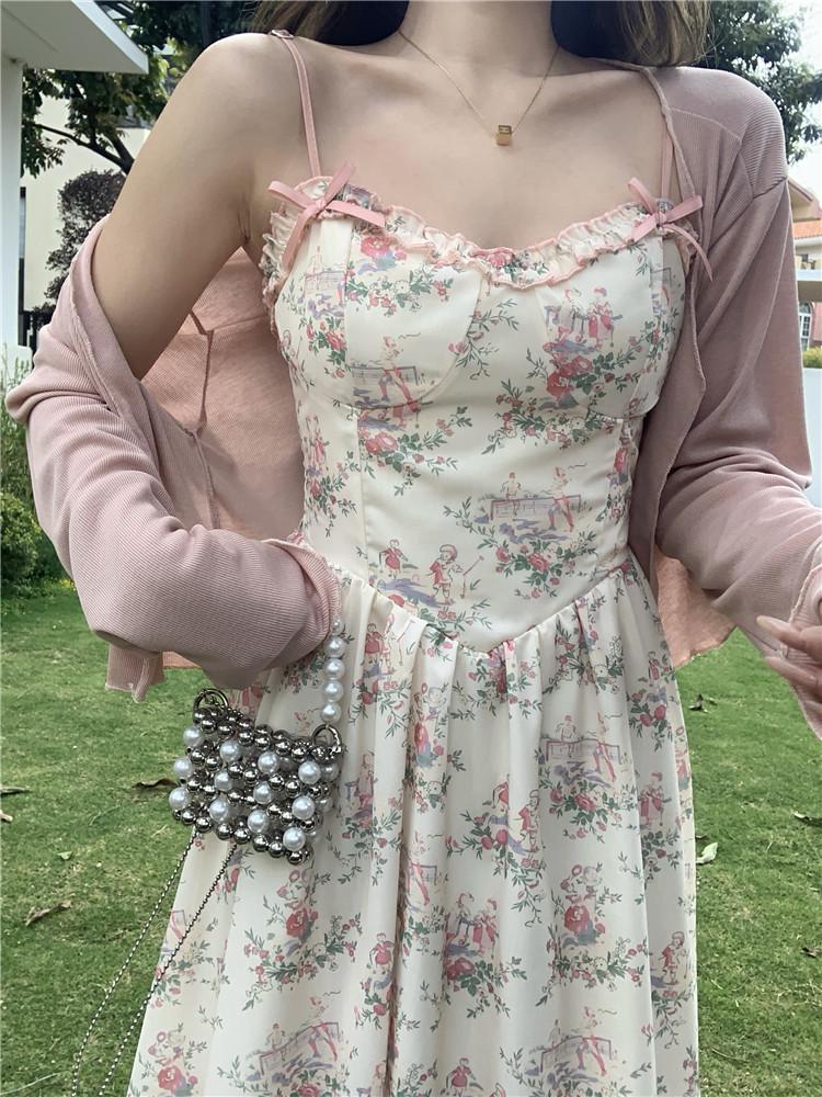 Plus Size French Retro Print Suspender Dress & Cardigan Set