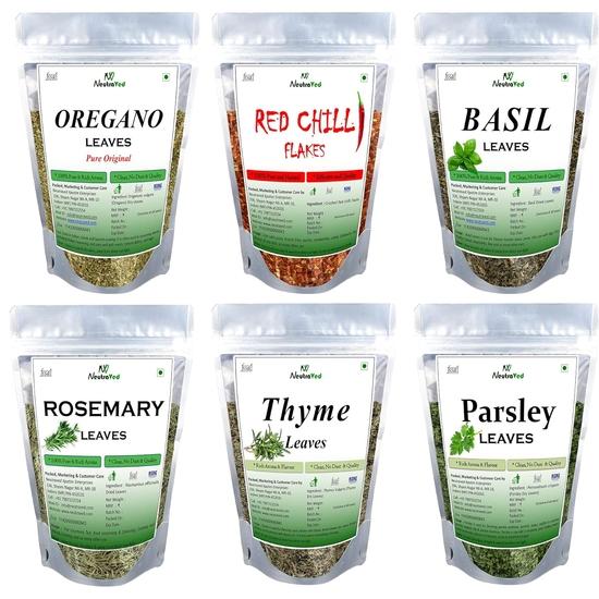 NeutraVed Big Pack Combo of Oregano Leaves 100g, Chilli Flack, Basil, Thyme 70g, Parsley Leaves & Rosemary, Dry Herbs for Cooking Pizza, Pasta