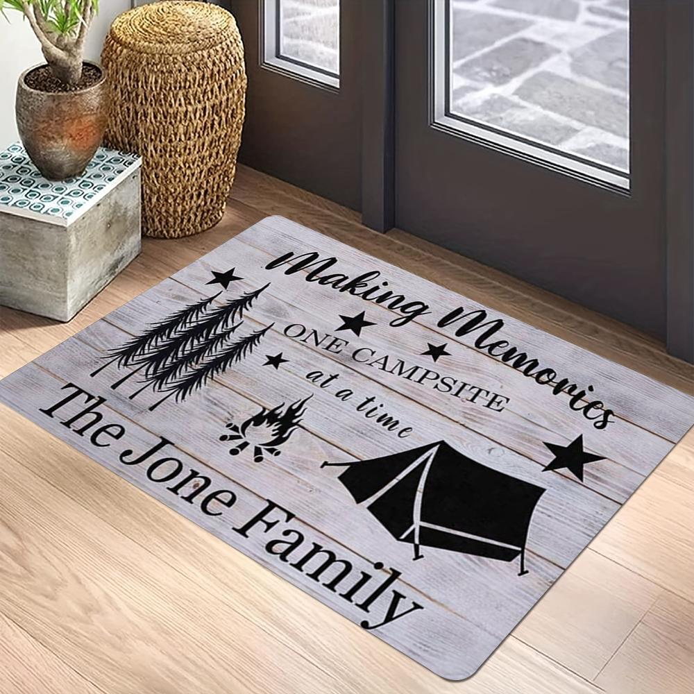 Family Camping Memories Carpet Mat with Deer Pine Tree Pattern Anti-Slip Rug Vintage Wood Design Home Decoration Floor Mat