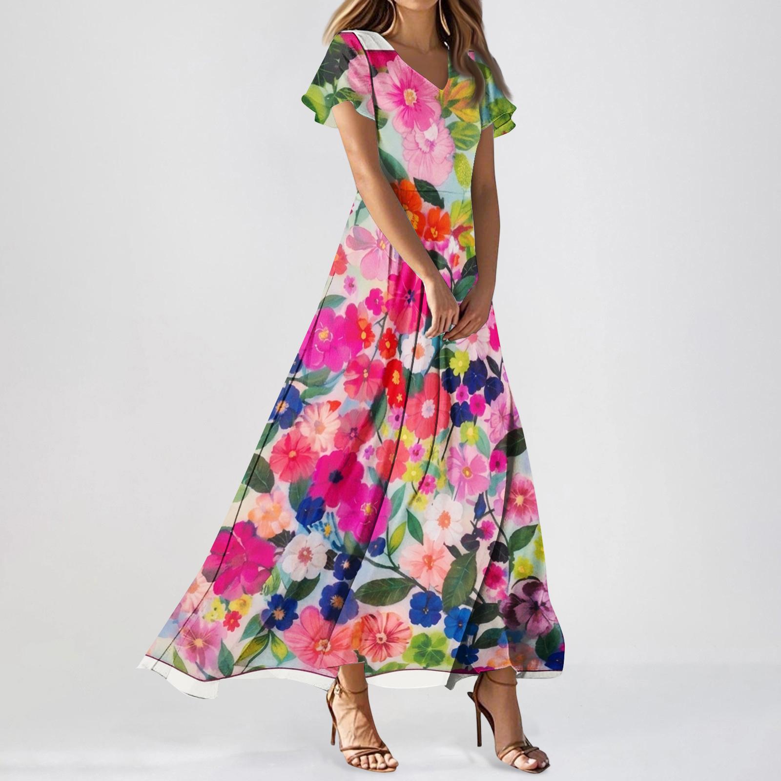 

Women Casual Floral Print Maxi Dress V Neck Short Sleeve Lightweight Long Dress with Flowing Skirt for Everyday Wear L