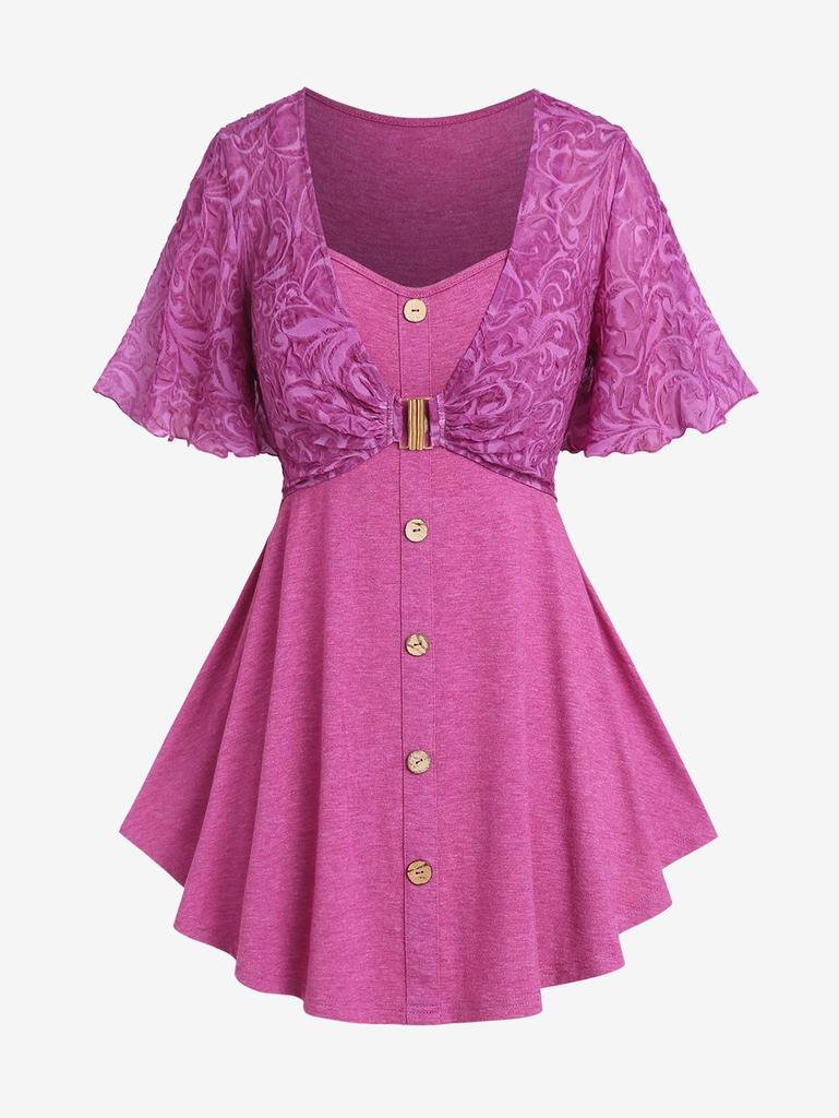 Rosegal Übergröße Knittereinsatz geknöpftes 2-in-1-Top