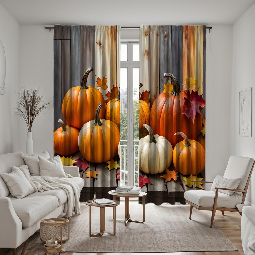 2 Pieces of HD Wood On the Pumpkin Maple Leaf Curtain Yellow Tie Digital Printed Curtain Home Decoration Style Decoration Living