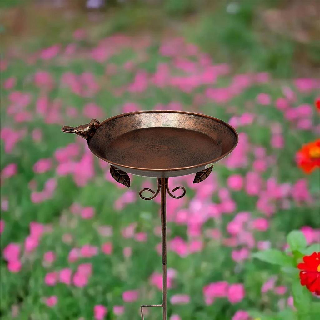 Bird Bath Stand Copper Toned Feeder Bowl Iron art Garden Stake