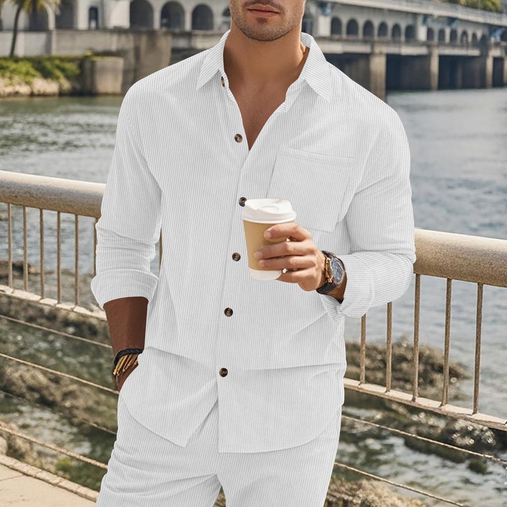 Autumn New Men's Corduroy Shirt Long Sleeve Button Solid Color Cardigan Top