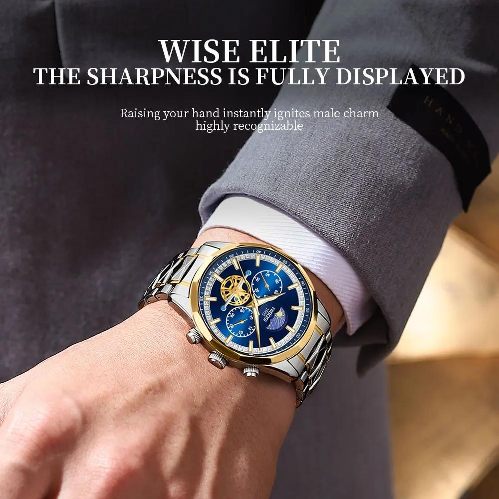 NIBOSI Star Moon Phase Watches Men Top Brand Luxury Automatic Watch for Men Luminous Waterproof Stainless Steel Quartz Clock