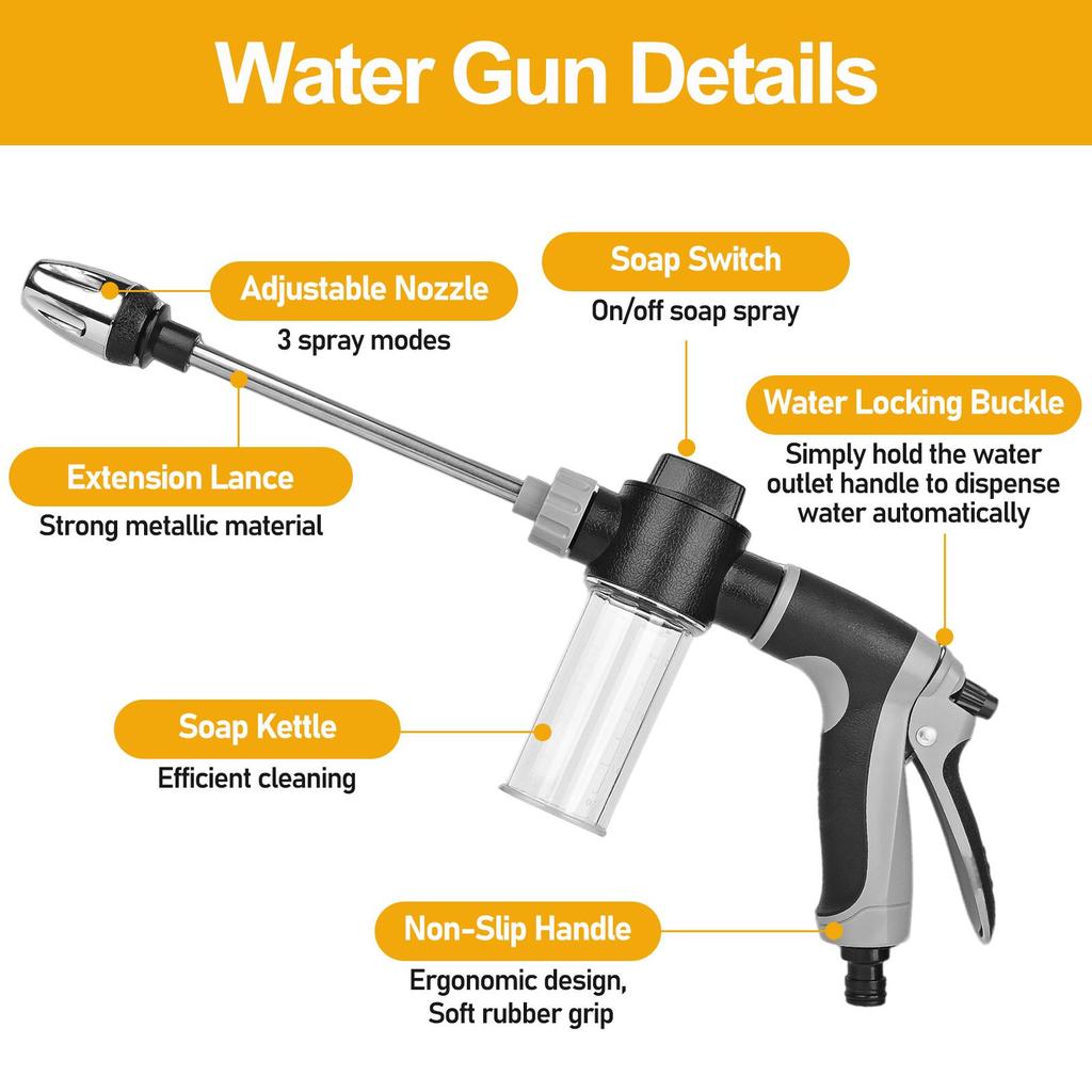 Pistola a Lancia Idropulitrice Pistola Pulitrice Portatile con Dosatore Sapone 3 Modalità di Spruzzo Ugello Regolabile per Tubo da Giardino, Lavaggio Auto