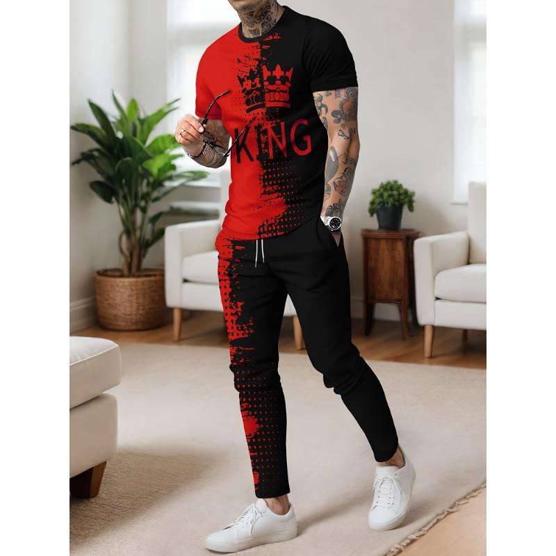 Conjunto Atlético para Hombre Estampado Camiseta de Manga Corta y Pantalón Largo Set de 2 Piezas