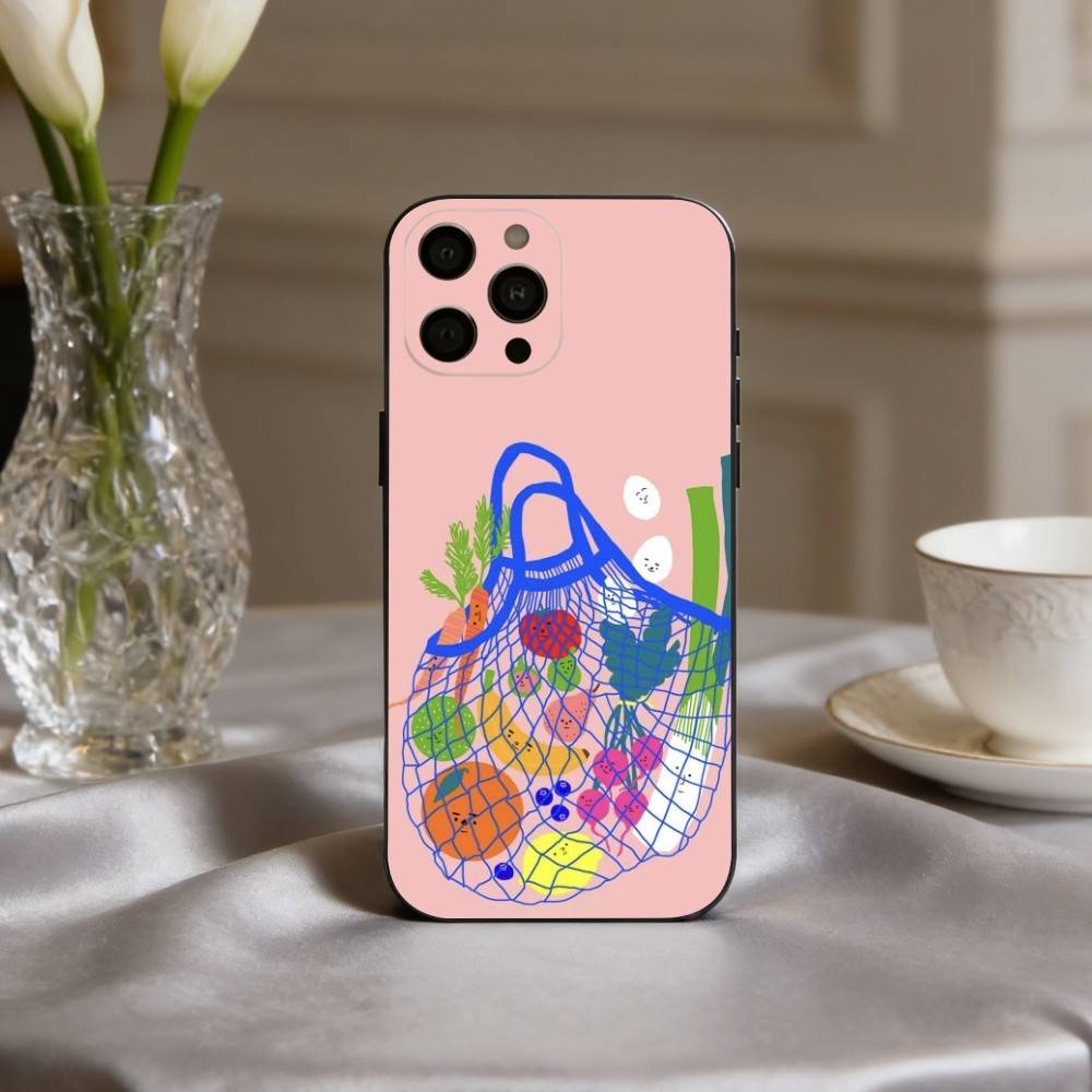 INS CUTE Organic Vegetable Phone Case For iPhone 17,16,15,14,13,12,11 Plus,Pro Max,XS,Soft Silicone Black Cover