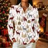 Women's Casual Christmas Print Long Sleeve Button Front Top with Lapel Collar and Side Slits