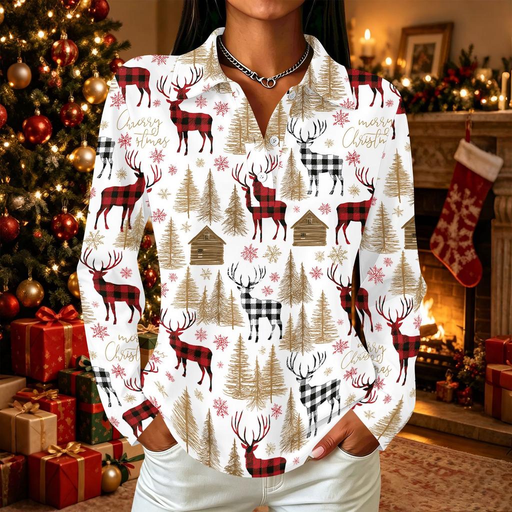 Women's Casual Christmas Print Long Sleeve Button Front Top with Lapel Collar and Side Slits