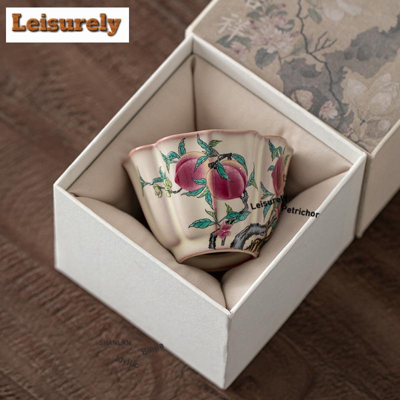Hand Painted Nine Peach Ru Kiln Flower Mouth Teacup Ancient Tea Bowl Jug Tea-tasting Meditation Cup Jianzhan Master Cups Craft