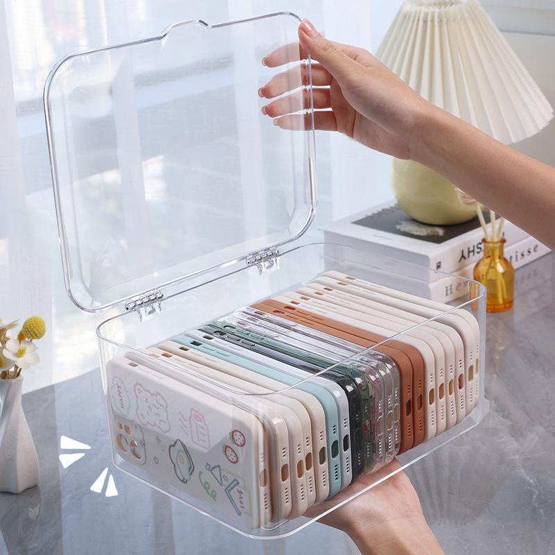 Flip Top Dustproof Storage Box for Phone Cases and Accessories, Desk Organizer with Large Capacity