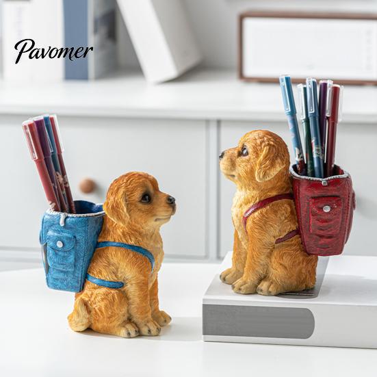 Hand Painted Dog Stationery Holder Golden Puppy Backpack Pen Holder, Cute Animal Storage Ornament, Resin Desktop Organizer, for Office And Study Craft