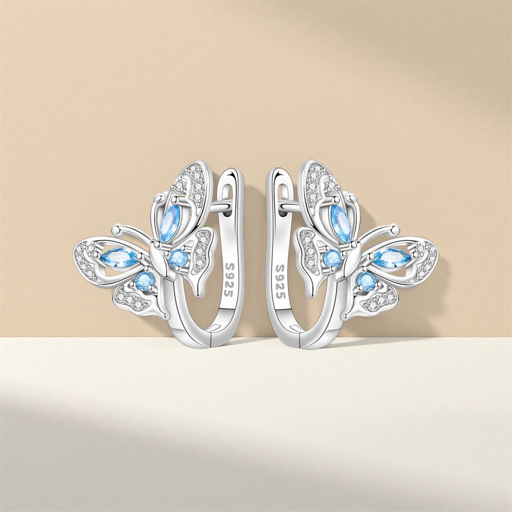 S925 Sterling Silver Blue Hollow Butterfly Earrings Hoop Earrings Women Jewelry Original Trendy Anniversary Gifts