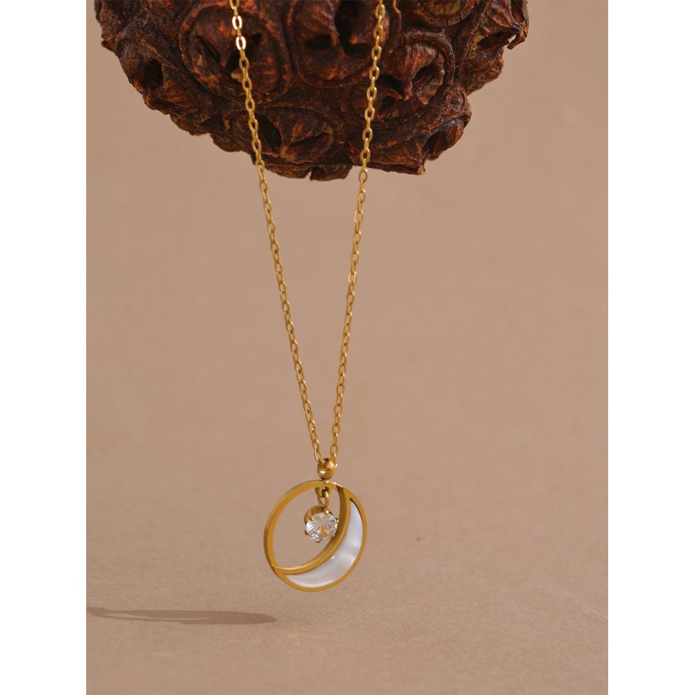 Yhpup Natural Shell Zirconia Moon Round Chic Pendant Necklace Korean Style Daily Jewelry Waterproof Accessories Gift