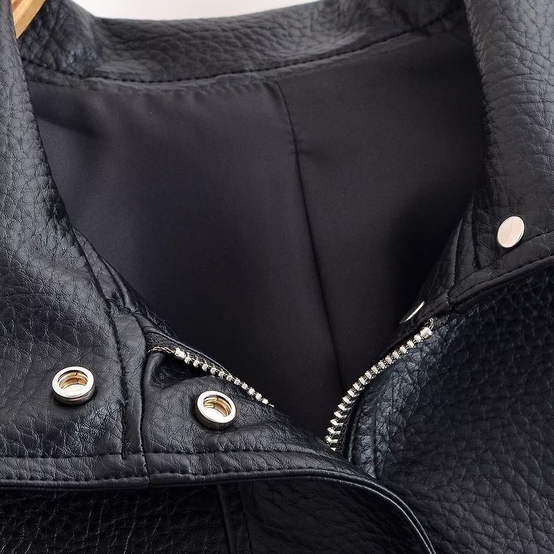 Kaslead New Women clothes Western Style Fashion Drop Shoulder Texture Leather jacket Outerwear 2969064