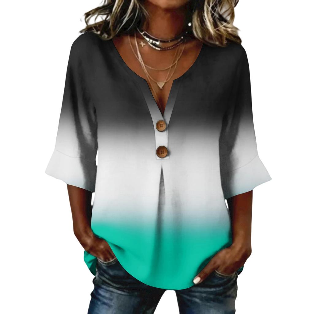 Ladies' gradient printed button casual V-neck fashionable seven quarter sleeve top