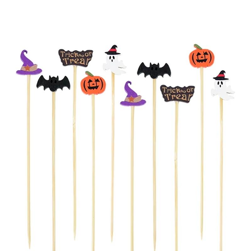 100 sztuk Party Halloweenowe Wykałaczki Jednorazowe Bambusowe Szaszłyki Dynia Duch Widelec do Owoców Ciasto Deser Koktajl Patyczki Dekoracje