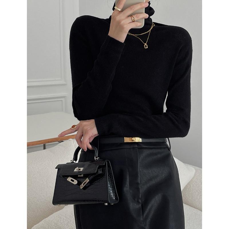 Vintage Coffee Turtleneck Knitted Bottoming Shirt Women's Spring Heap Collar Slim Inside Top Temperament Sweater