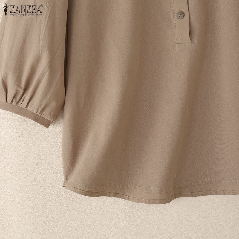ZANZEA Women Casual Round Neck Solid Color 3/4 Sleeve Cotton Blouse