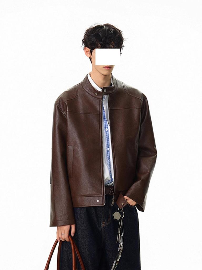 Men's High-End Black Leather Motorcycle Jacket with Shoulder Pads and Stand Collar