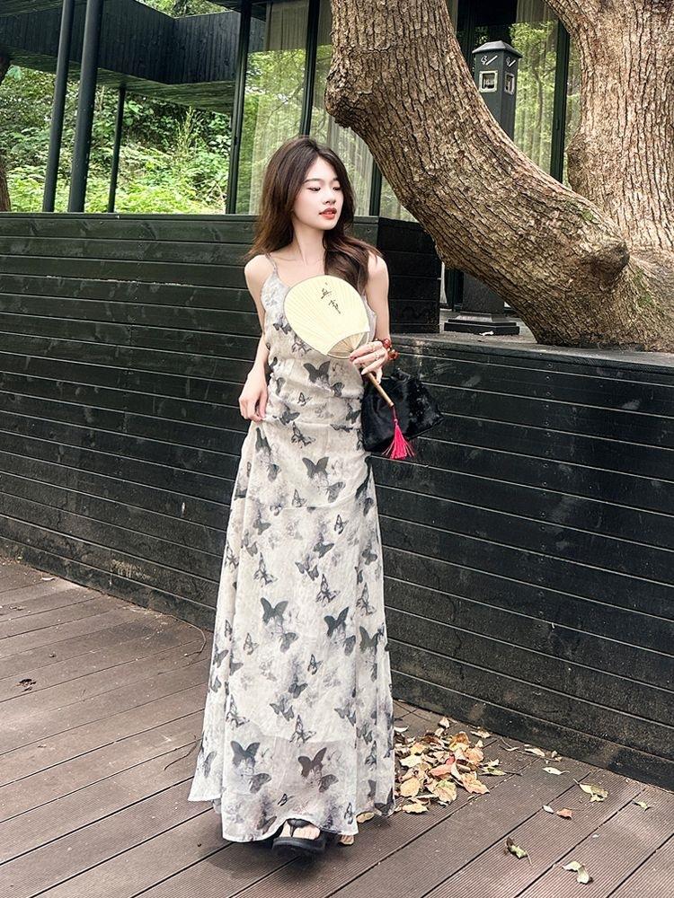 New Chinese ink butterfly printing suspender dress femininity long skirt 2026 summer new