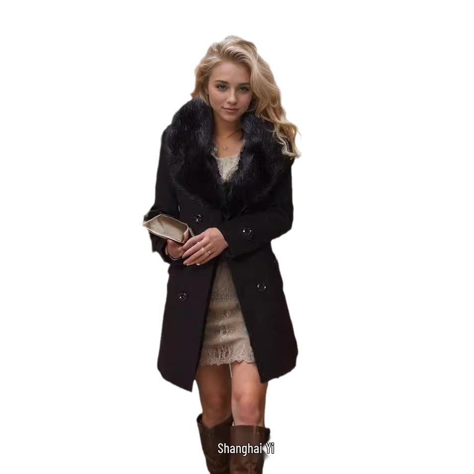 European and American Women's Autumn/Winter Korean Style Wool Coat with Big Fur Collar and Double-Breasted Casual Jacket.