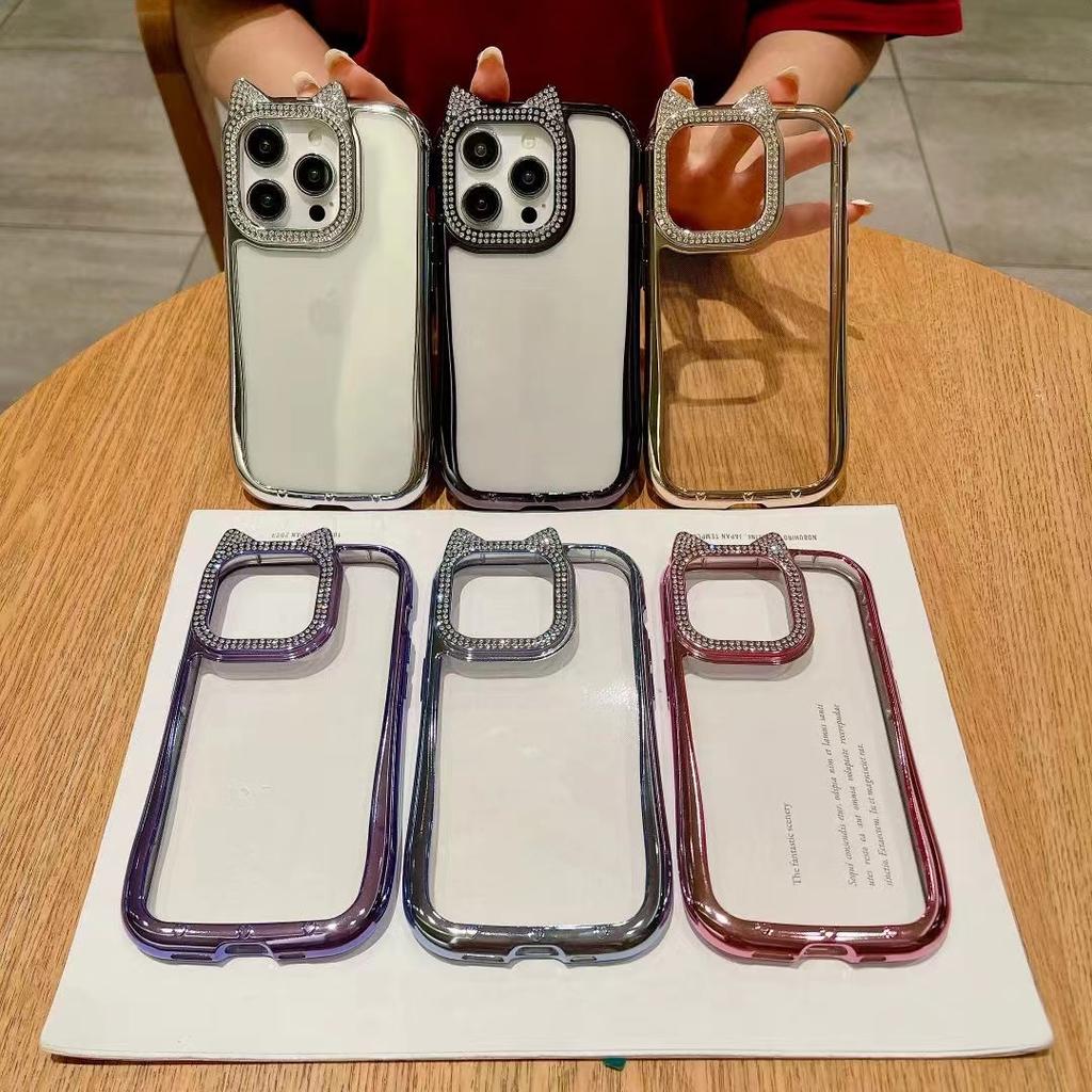 Diamentowe Uszy Kota Odpowiednie do Etui na Telefon IPhone16 Gradientowy Brokatowy Puder Apple 15 All Inclusive 14ProMax Miękkie Etui 13