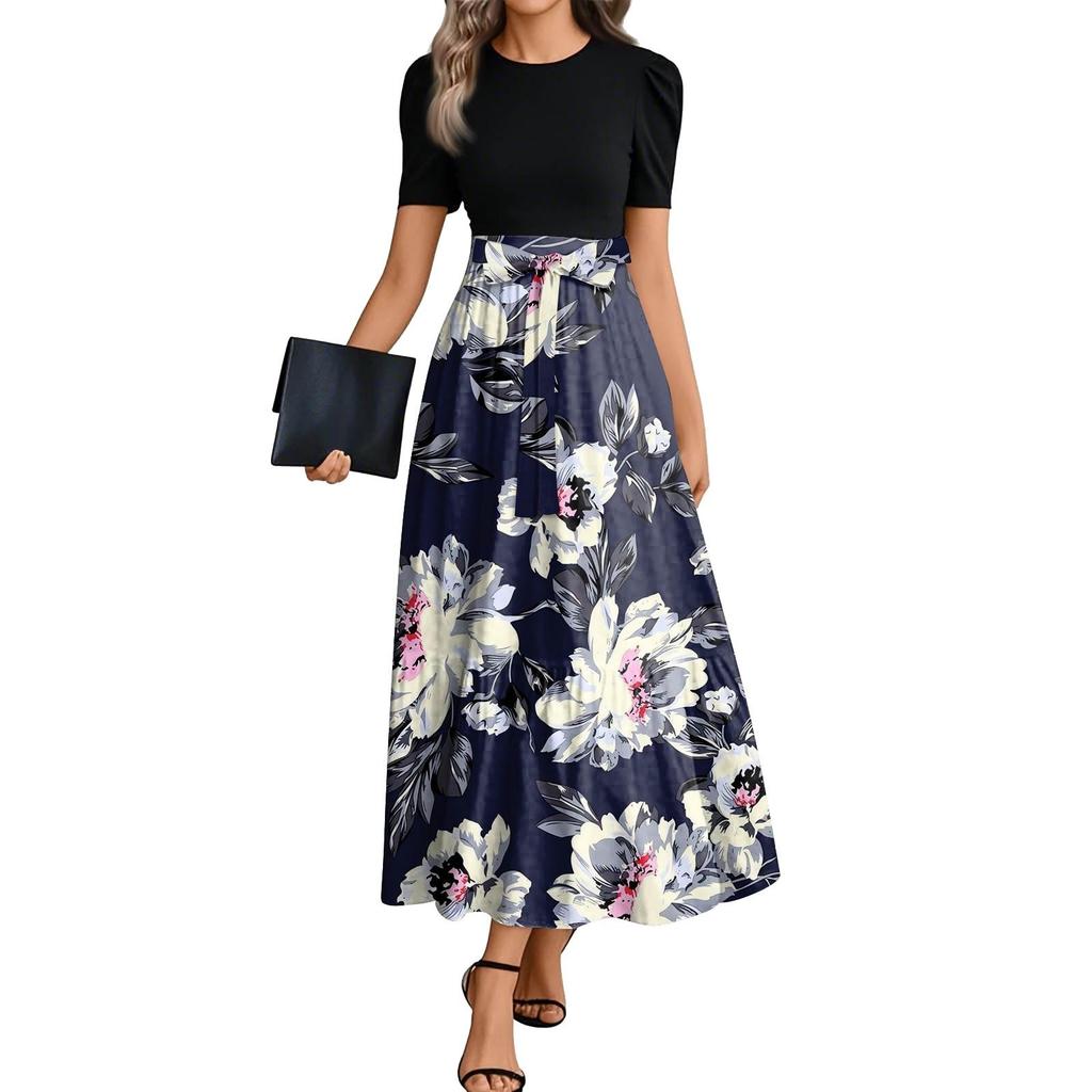 Women's Floral Print High Waist Fashionable And Elegant Dress