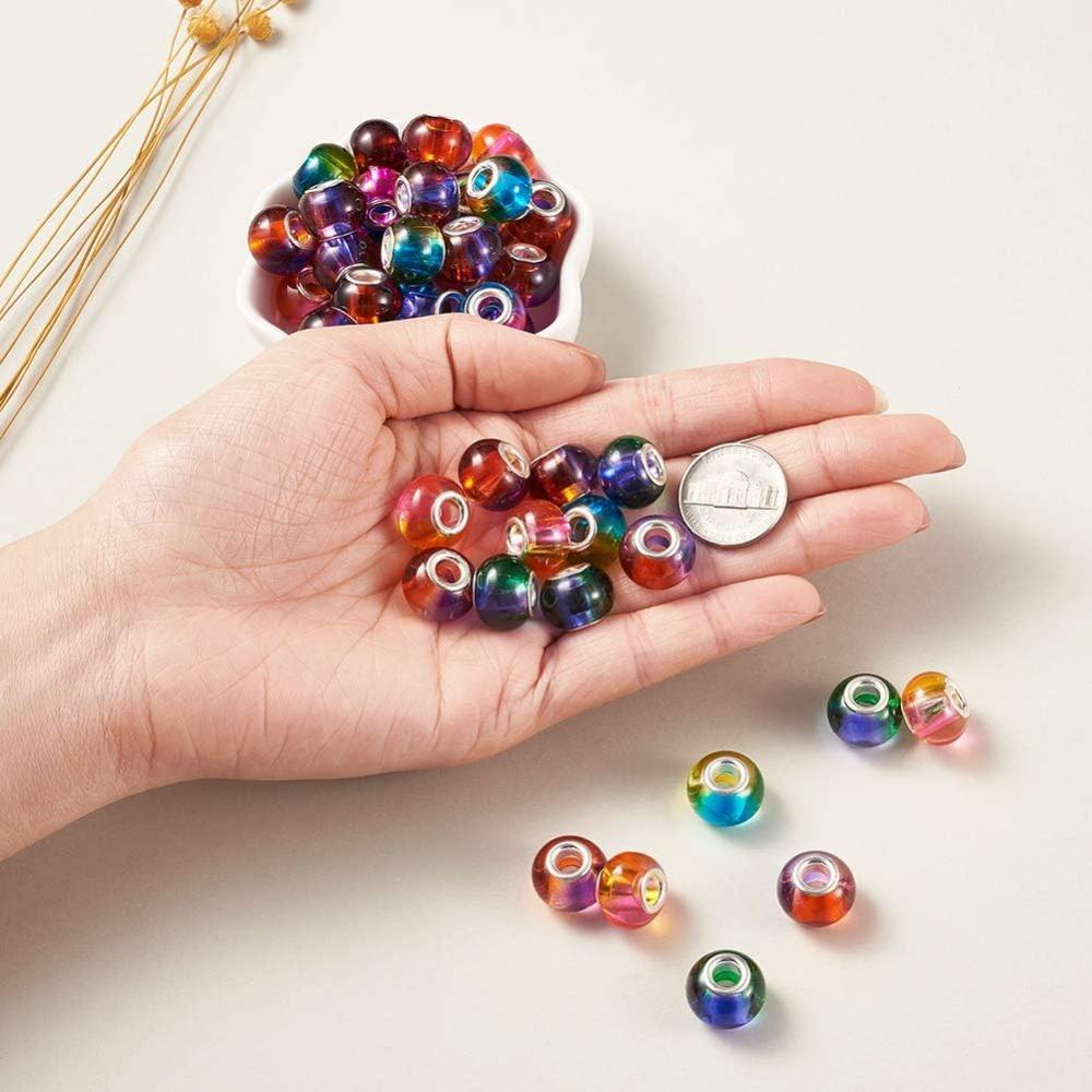 12/30/60 Stück Europäische Abstandsperlen mit großem Loch, 15 x 12 mm, Farbverlauf, Regenbogen, gemischte Farben, Schiebe-Charm-Rondellperlen für die Herstellung von Schlangenkettenarmbändern und Schmuck