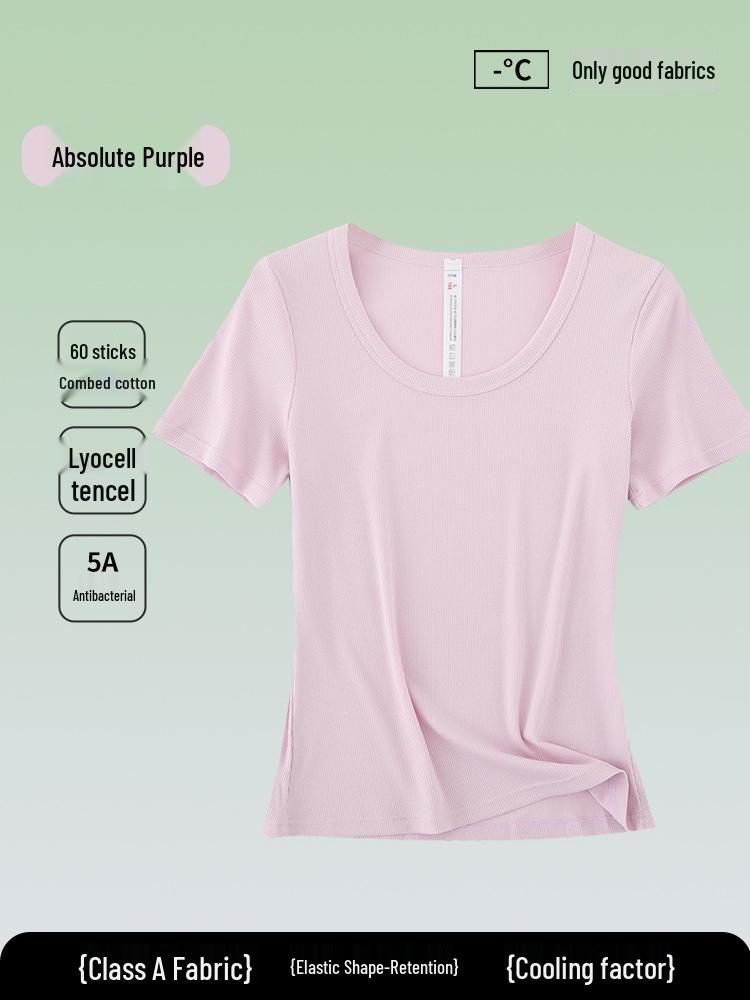 5A Antibakterielles Damen einfarbiges Tencel Baumwoll Ripp Kurzarm Sommer T-Shirt