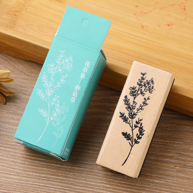 Tampons Plante Fleur Vintage Set de Tampons en Bois et Caoutchouc avec Tampon Encreur Rouge pour Création de Cartes Planner Scrapbook