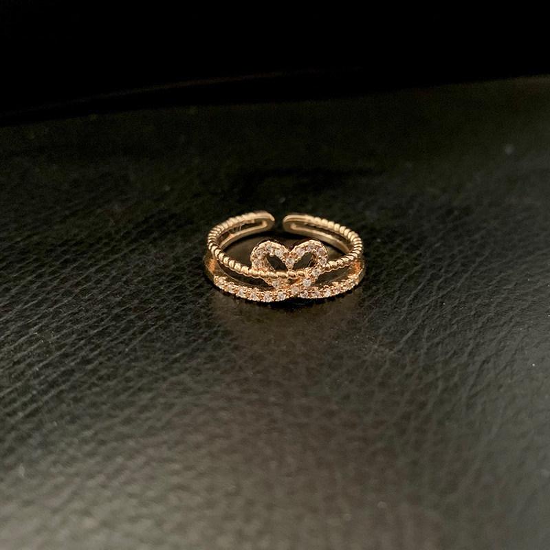 Japanese Elegant Hollow Heart Rhinestone Double Layer Adjustable Ring