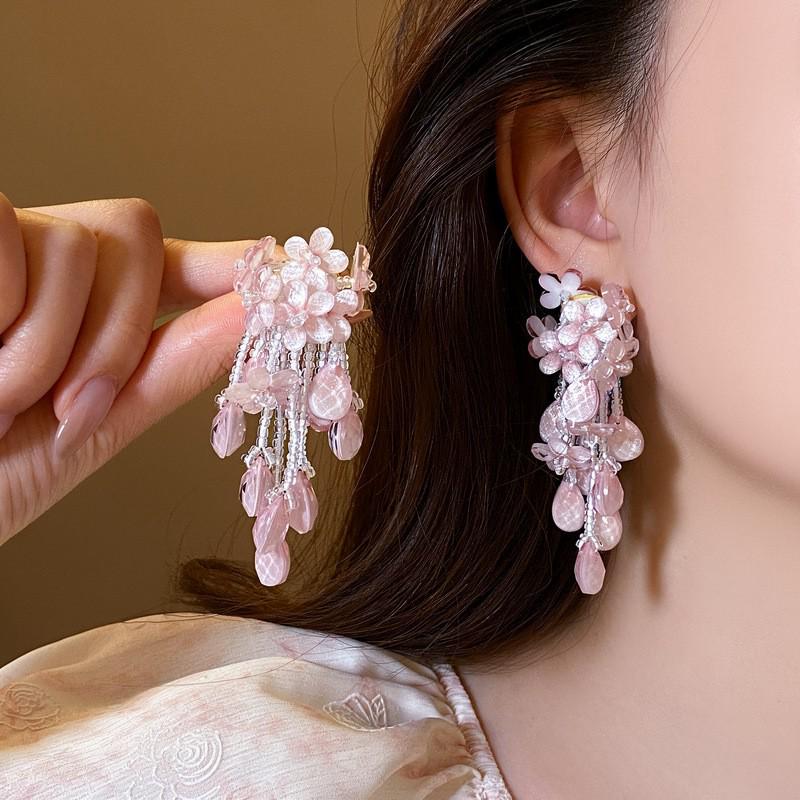 Silberne Nadel Strass Blume Quaste Brautohrringe, Vielseitige Ohrstecker für Damenmode.