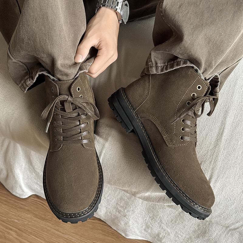 Fashion 2025 New Designer Cow Suede Work Boots for Men Autumn Fashion Casual British Style Retro Leather Shoes Male Lace Ankle Boots Man