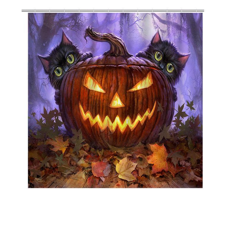 Halloween Pumpkin Cat-Themed Shower Curtain Made Of Polyester Fabric With Waterproof Printing For Home Bathroom Decor Accessorie