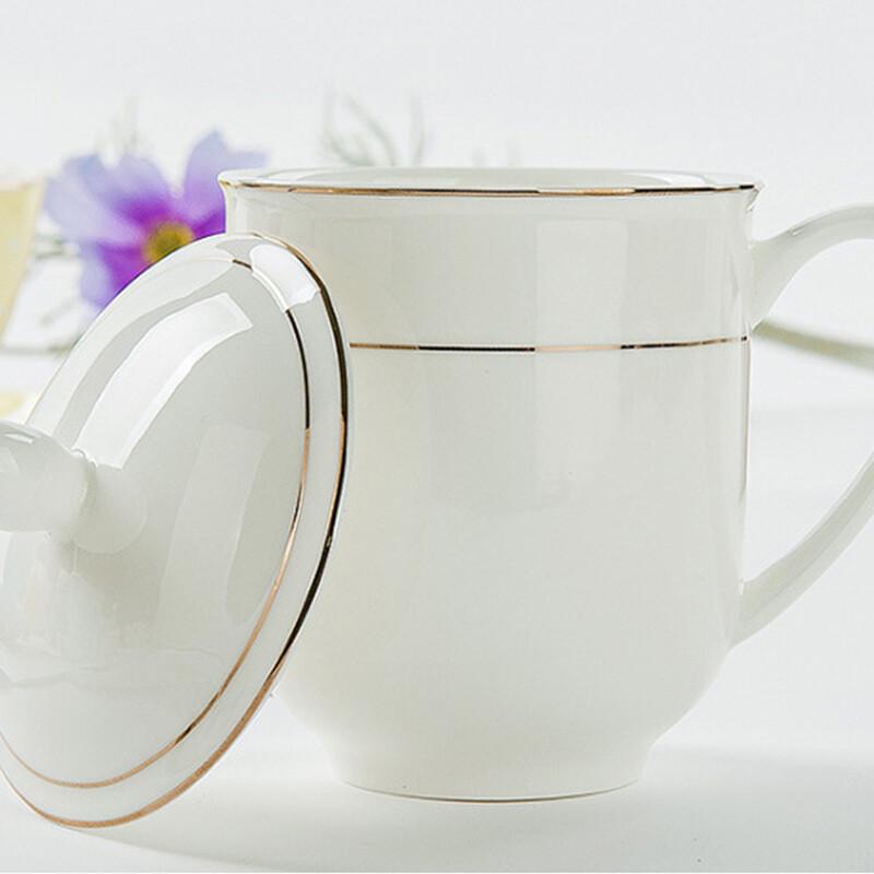 Gold Rim Ceramic Office Mug with Lid, 360ml