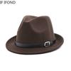 European Classical Felt Fedoras Hat for Men Women Cowboy Trilby Cap Homburg Church Jazz Hat with Belt