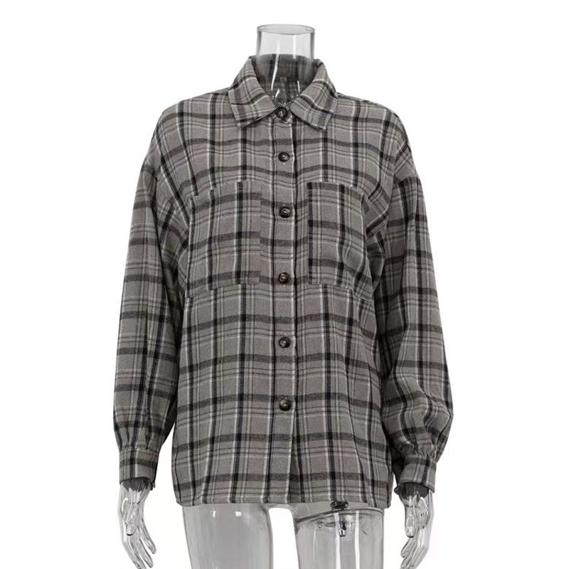 

Fashion Style New Arrival Fashion All-Match Loose Gingham Shirt Long Sleeves Tops Loose Checked Shirt Khaki S