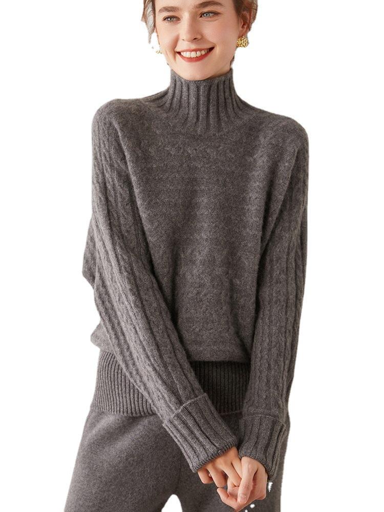 Women's Retro High-Neck Cable Knit Cashmere Sweater, Loose-Fit, Light Color, Pullover Style