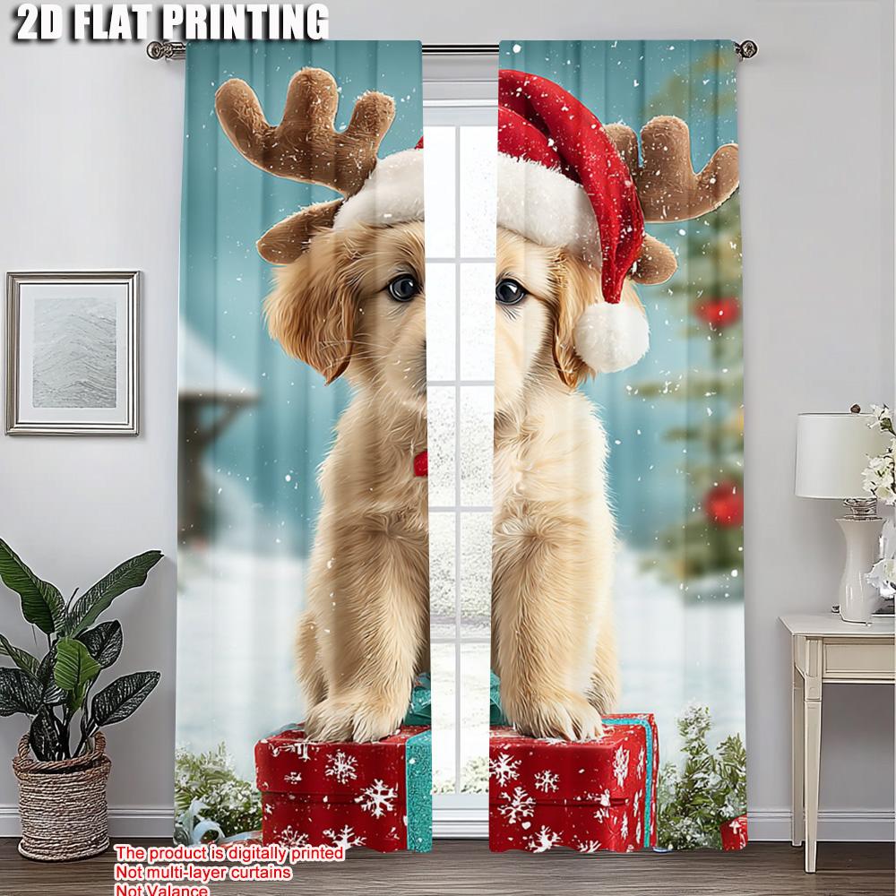 2Pcs,2D Plane Printing Popular Curtain Panels Merry Christmas Puppy Gift Polyester Easy Install (Without Rod) Decorations For