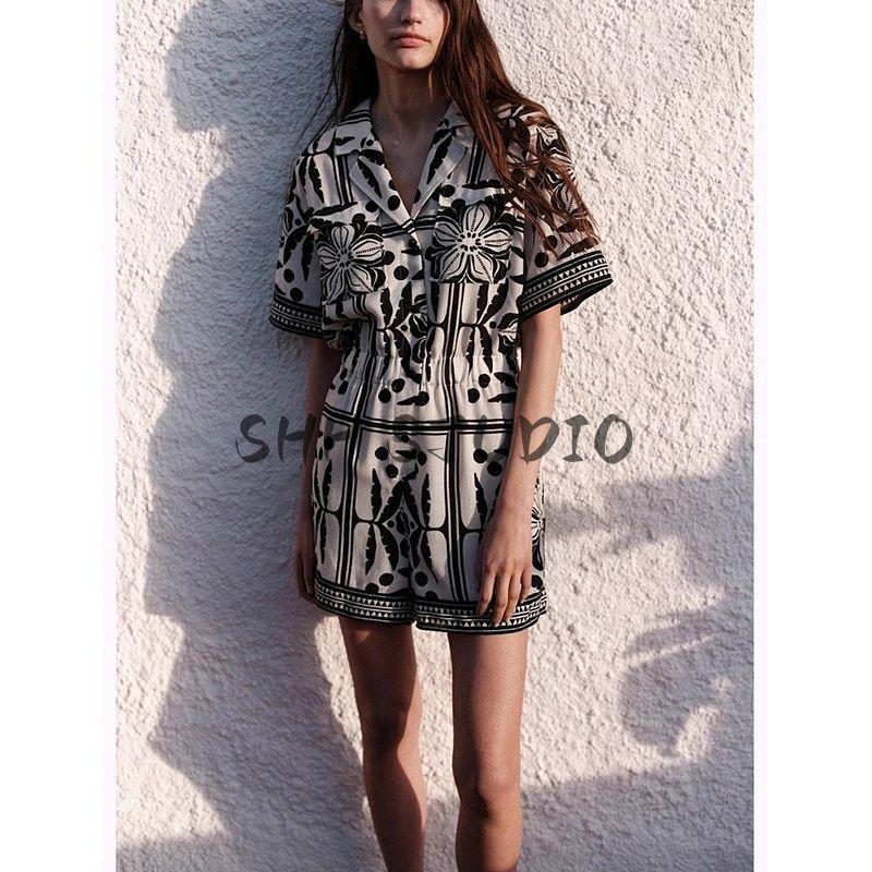 Spring and Summer New Arrival Women's Clothing Vacation Style Fashion Casual Easiest for Match Woven Cuban Collar One-Piece Shorts 1282074