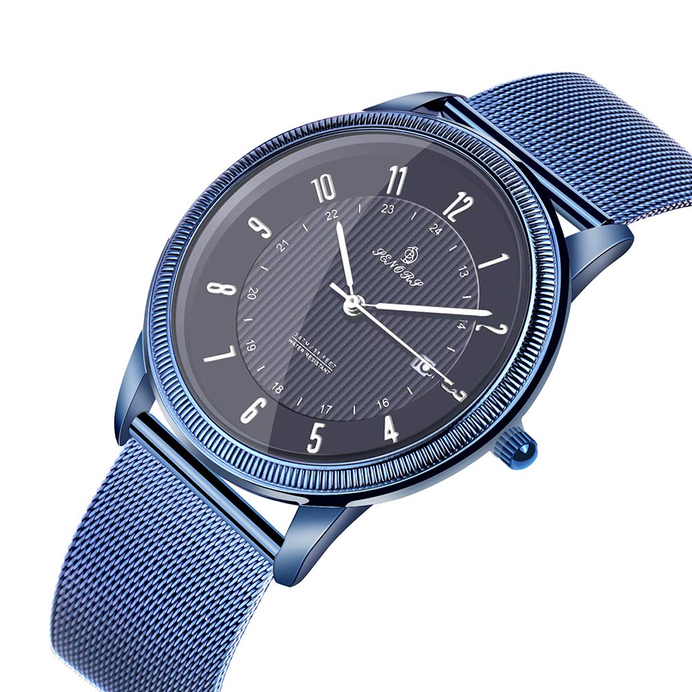 Herrenuhr, Ultra-dünn, Klassisch, Schlicht, Schwarzes Edelstahl, Mode, Freizeit, mit Kalender, Wasserdicht, Mailänder Stil (blau)